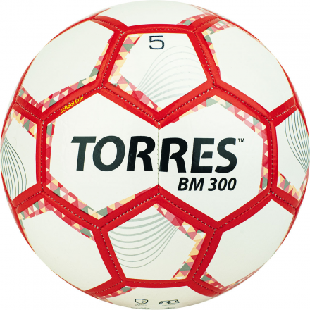 Мяч футб. &quot;TORRES BM 300&quot; арт.F320745, р.5, 28 пан.,гл.TPU,2подкл. слой, маш. сш., бело-серебр-крас., фото 1