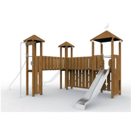 Детский деревянный городок с тремя башнями и горкой из нержавейки, фото 1