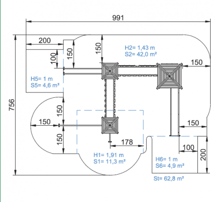 Детский деревянный городок с тремя башнями и горкой из нержавейки, фото 2